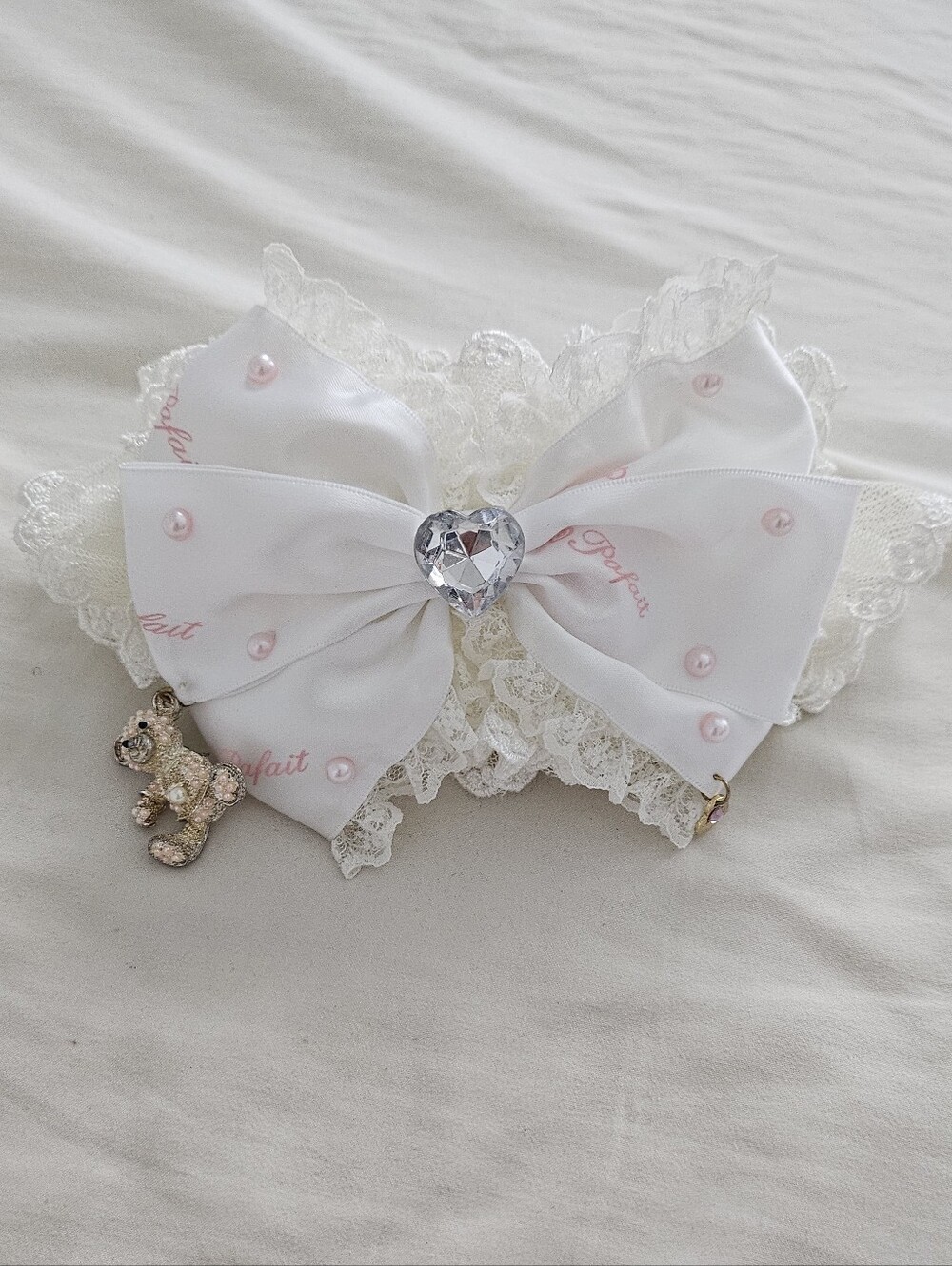 La Pafait Rare Gyaru Lolita Teddy Bear Charm Rhinestone Pearl Leg Garter